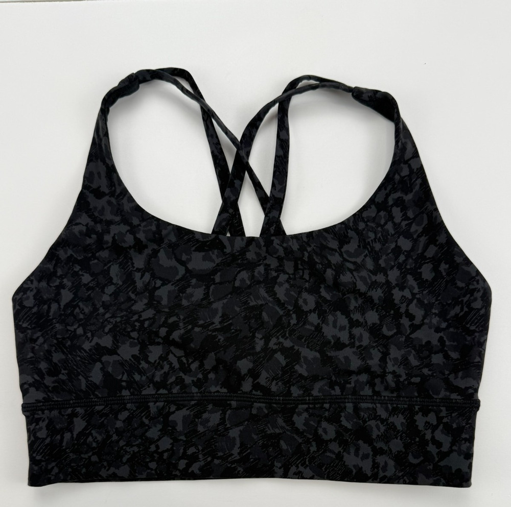 Lululemon Womens 6 Black Gray Floral Strappy Back Sports Bra Yoga Workout